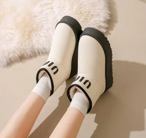 Winter new high-top fashion women's cotton boots leather waterproof and fleece warm leisure snow boots (Color: White, size: 36)