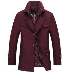 Men's Slim Fit Winter Warm Mid Long Wool Coat Outwear Jacket (Color: Red, size: XL)