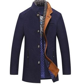 Men's Wool Woolen Pea Coat Overcoat Winter Trench Coat (Color: NAVY, size: M)